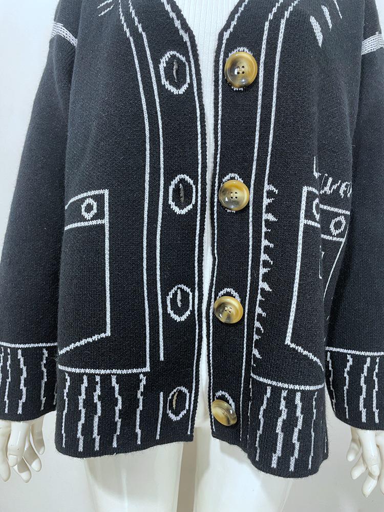 European & American Style Loose Color-block Knit Cardigan with Decorative Pockets for Women