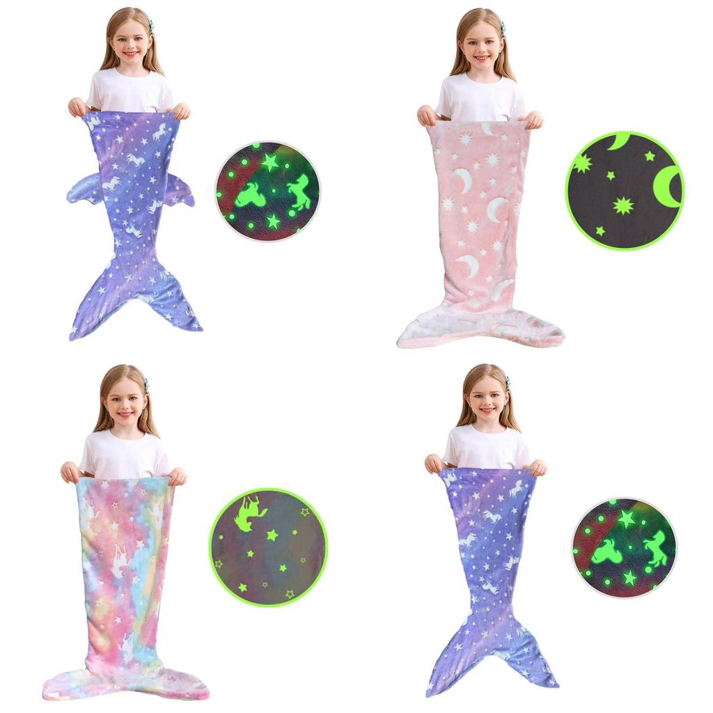 Glow In The Dark Modern Fleece Blanket For Kids With Cartoon Mermaid Stars And Sleepytime Warmth
