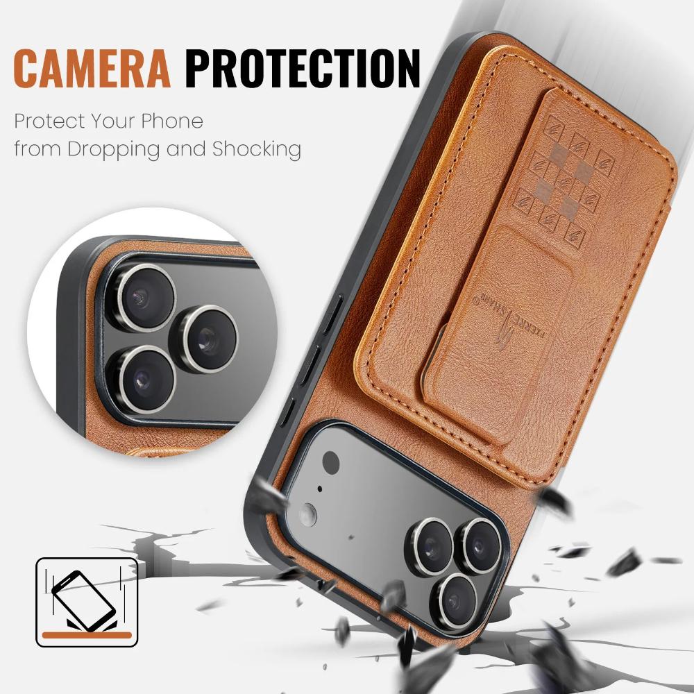 Phone Case for iPhone 18 Pro Max 17 Air 16e 17e 16 Plus 15 Pro 14 13 12 11 WristBand Card Holder Bracket Magnetic Leather Cover
