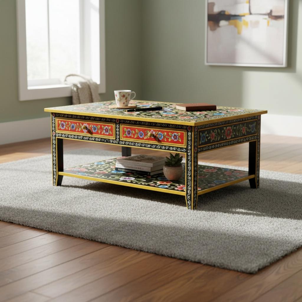 Indian Hand Painted Coffee Table | Floral Mango Wood Center Table | Black Multicolor Living Room Table | Rajasthani Art Painted Furniture
