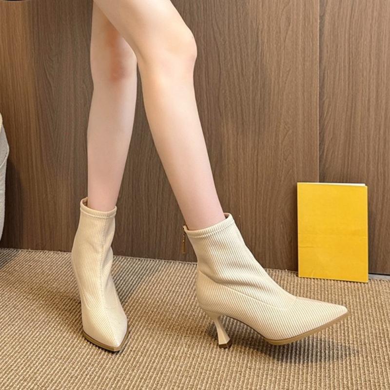 Luxury Women's Stretch Fabric Women's Ankle Boots Pointed Toe Slip-on Sexy Breathable Lightweight High Heel Chelsea