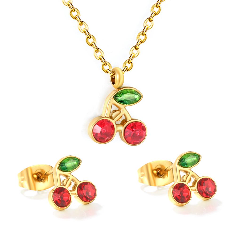 Cherry Necklace Earrings Set Fresh and Sweet with Diamond Pendant Necklace Stainless Steel Jewelry Set Women