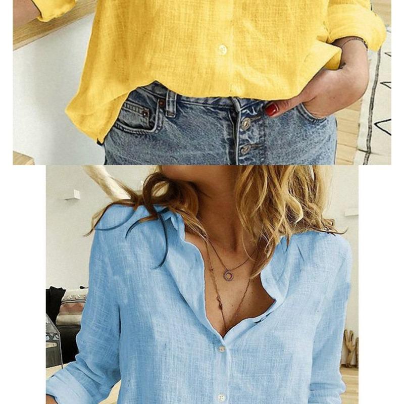 Spring and Autumn Solid Color Casual Loose Long-sleeved Linen Shirts In Stock