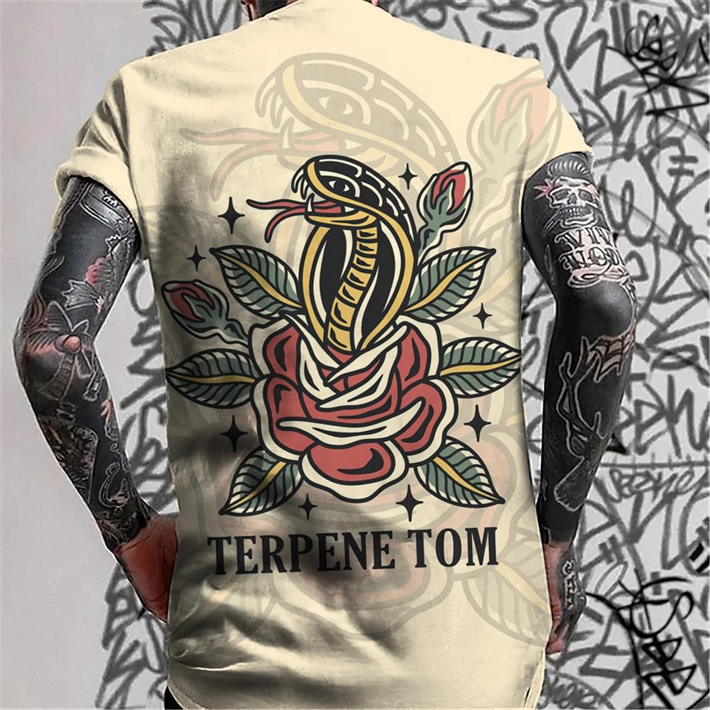Men's Retro Tattoo Style T-shirt Trend 3D Printing Street Short Sleeved Hip-hop Punk Style Men's T-shirt Oversized Mens Clothing