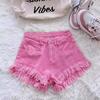 High-Waisted Pink Denim A-Line Shorts for Women - 2026 Summer Trendy Loose Frayed Style
