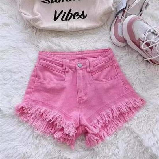 High-Waisted Pink Denim A-Line Shorts for Women - 2026 Summer Trendy Loose Frayed Style