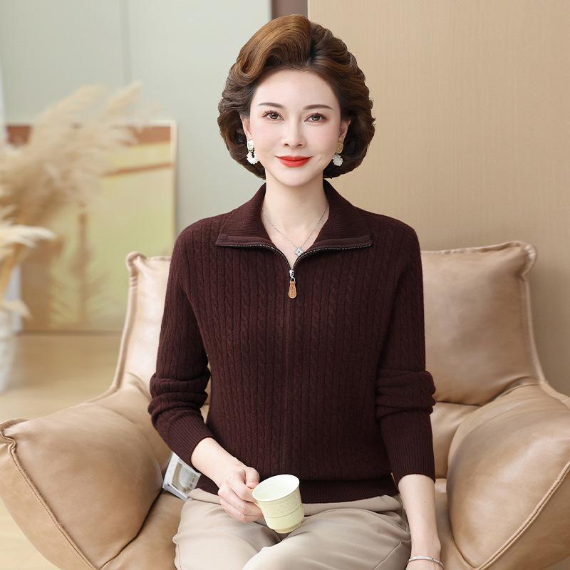 Mom's Plus Size Wool Zipper Cardigan for Fall & Winter - Versatile Lapel Sweater for Middle-aged & Elderly Women