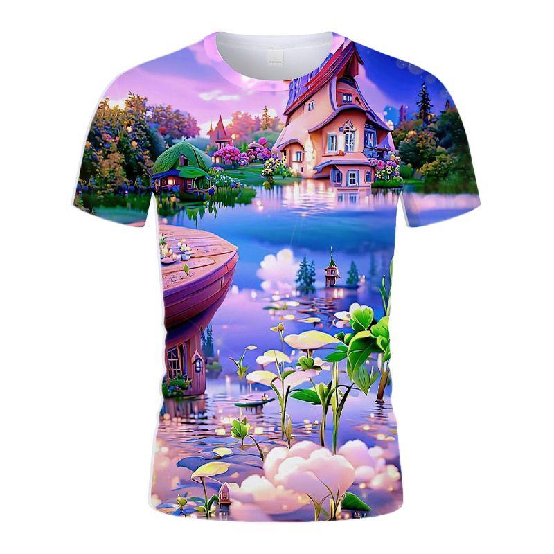 Summer New Rose Castle Colors Beautiful Personality Youth Trend 3D Digital Printing Round Neck Shirt Short Sleeve T-shirt
