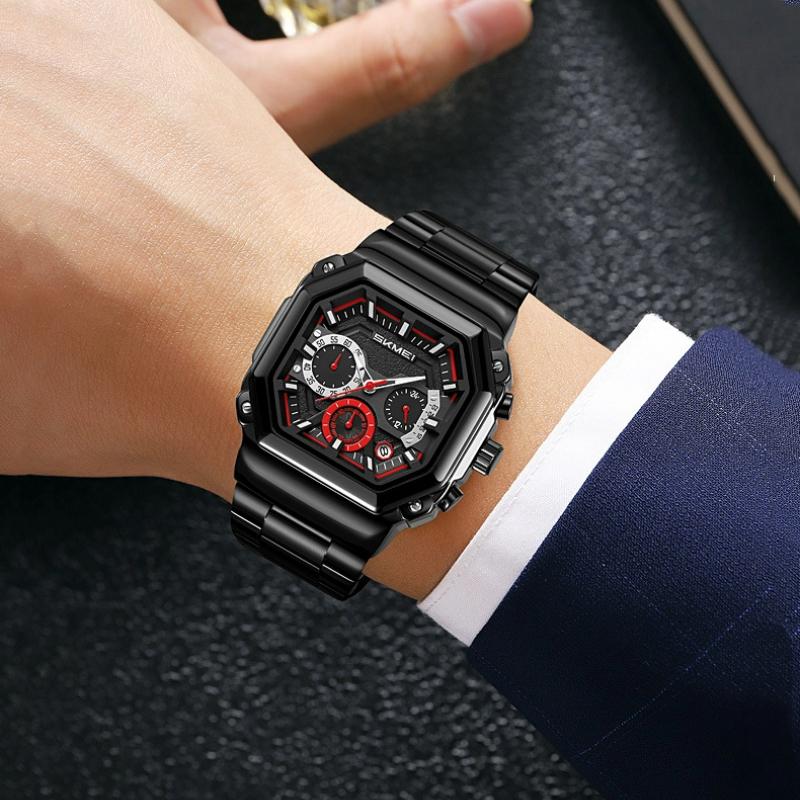 Skmei Luxury Stainless Steel Square Men Watch Chronograph Luminous Quartz Wristwatches Small Dial Work Male Waterproof Clock