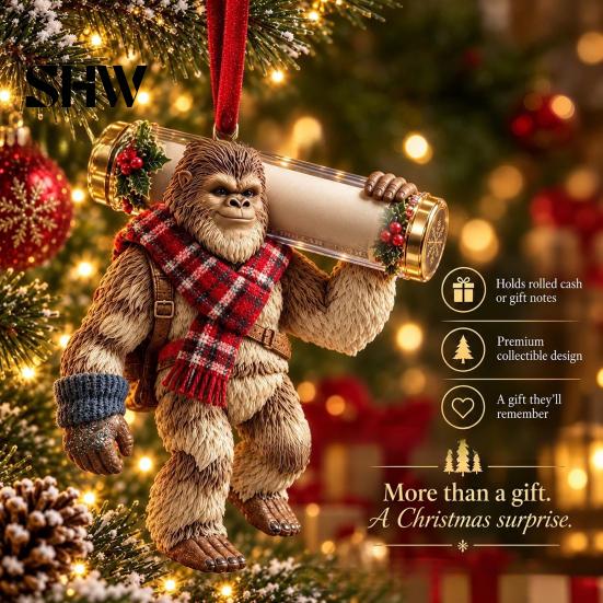 Festive Cash Holder for Holidays Big Foot Money Cash, 2D Acrylic Sasquatch Gift Fun Christmas Family Ornament, Clear Xmas Tree Hanging Decoration