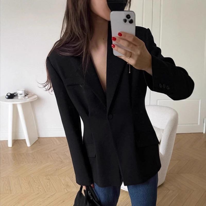 Vintage Black Narrow Cut Waist Fitted Blazer For Women Commute Office Outerwear