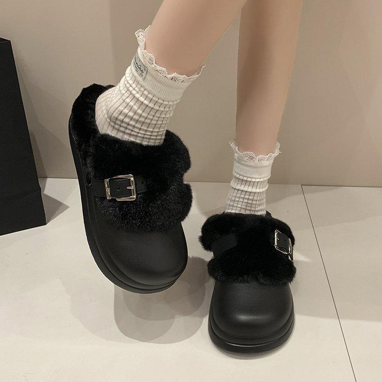 Водонепроницаемые Ева Толстая Подошва Меховые Клоги Женские Зимние Металлическая Пряжка Пушистый Мех Уличные Тапочки Женские Теплые Плюшевые Тапочки 36-37 чёрный 1700₽