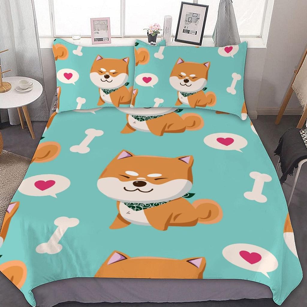 Cartoon Shiba Inu King Queen Bedding Set Yellow Pet Puppy Duvet Cover Cherry Blossoms Tree Quilt Cover Polyester Comforter Cover