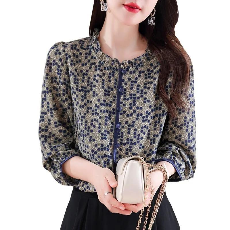 Printed Chiffon Shirt Spring and Autumn New Fashionable Style Shirts Women's Age-reducing Tops