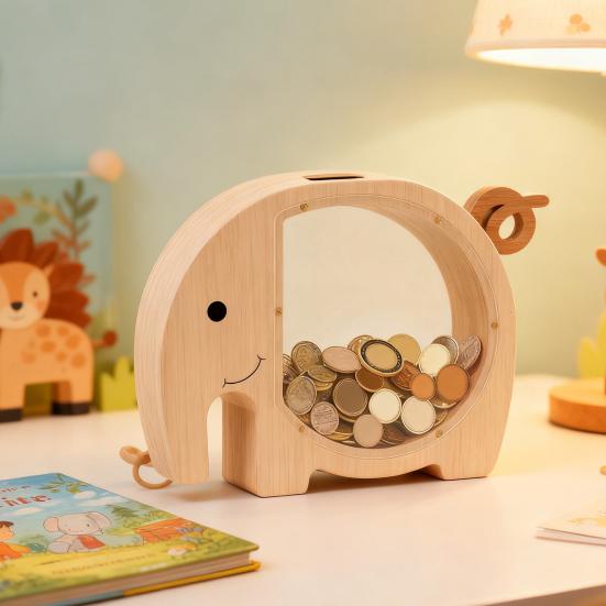 Wooden Elephant Piggy Bank Kids Coin Bank Savings Jar with Transparent Window Cute Unbreakable Money Box Birthday Gift for Boys Girls