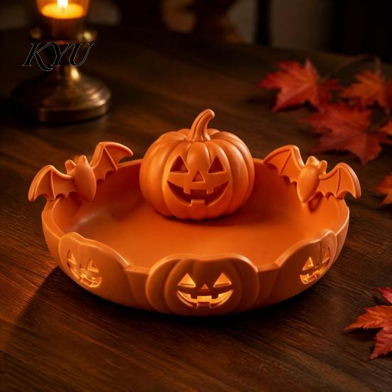 Party Food Display Tray Halloween Pumpkin Tray, Bat Relief Candy Holder, 3D Printed Holiday Gift for Desktop Storage Bowl, Spooky Tabletop Ornament