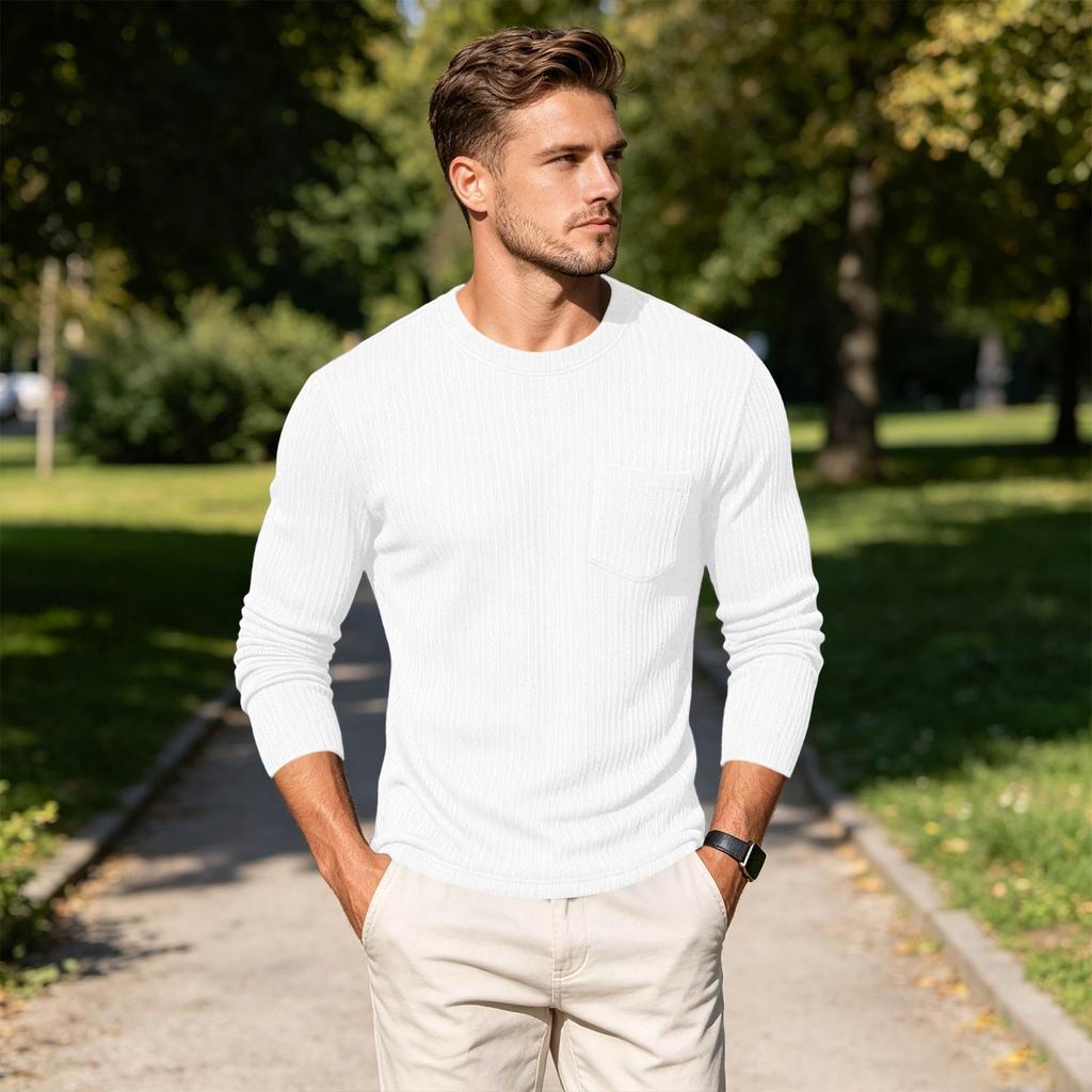 Men's Round Neck Casual Color Knit Base Layer Shirt with Pocket for Everyday Layering