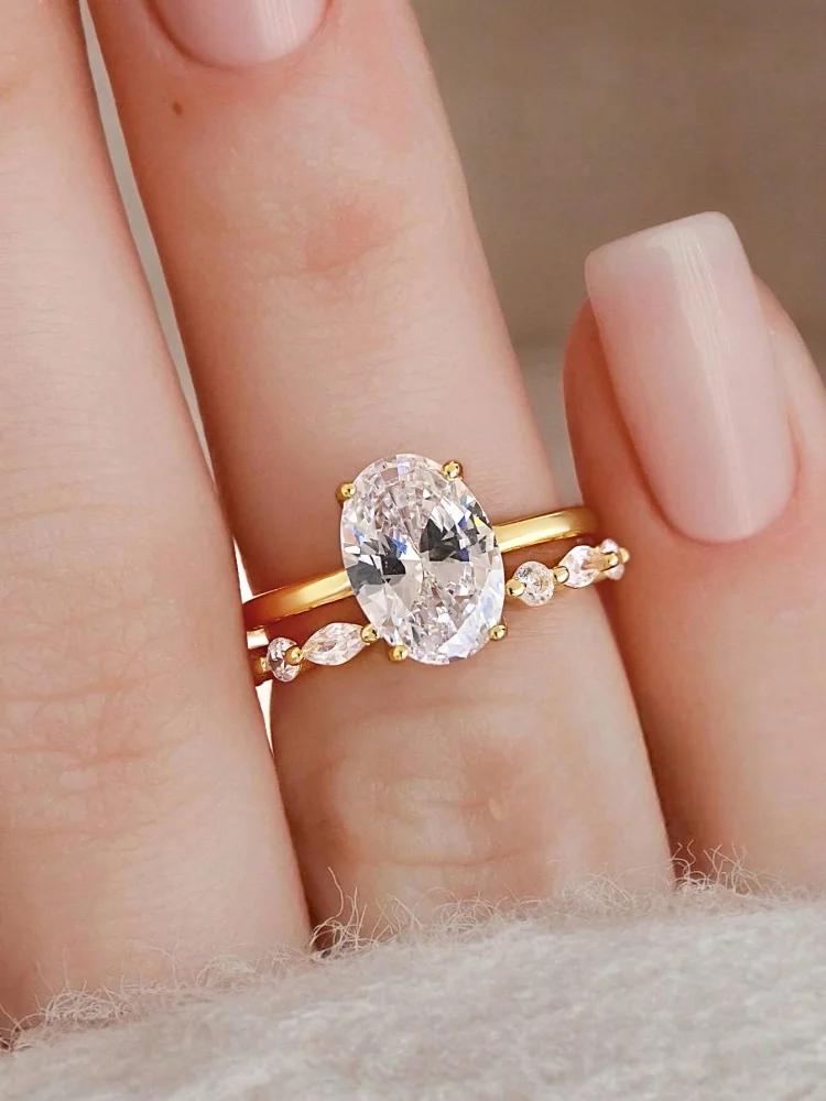 925 Sterling Silver Zircon 2ct Oval Shape Fashion Elegant Set Ring For Women Engagement Wedding Luxury High Quality Fine Jewelry