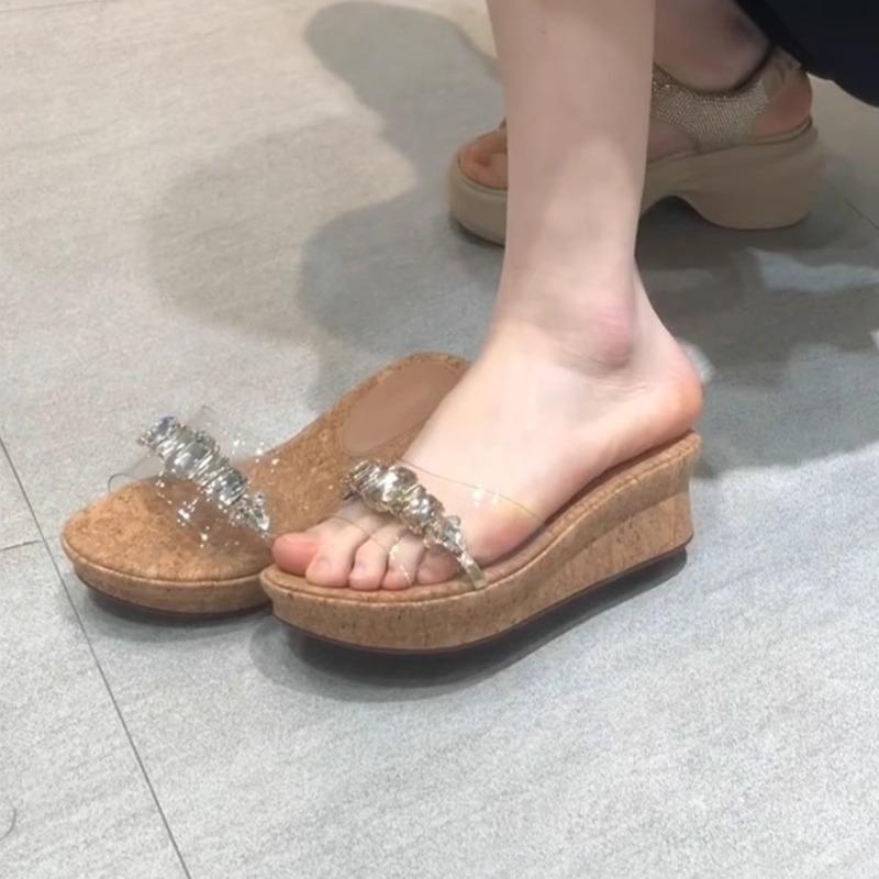 thick-soled slope heel high-heeled rhinestone transparent cool slippers for women's summer wear 2025 new models with skirts and one-word sandals