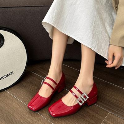 Modna Luksusowa Klamra do Pasa Kryształowa Buty Mary Jane Kobieta Czerwona Lakierowana Skóra Pojedyncze Buty Panie Eleganckie Kwadratowy Obcas Weselne Impreza Szpilki