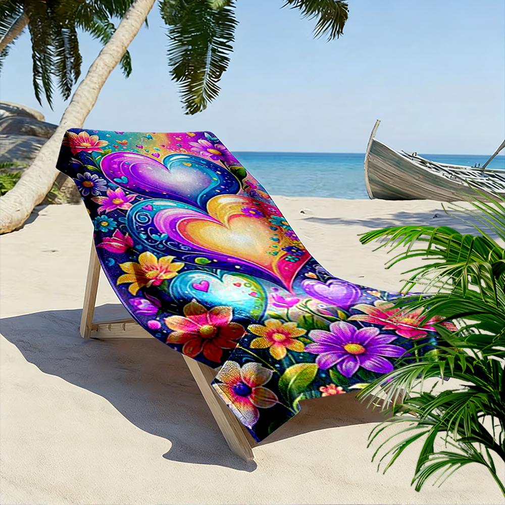 Colorful Heart & Floral Design Beach Towel Quick-drying for Travel Outdoor Sports Jogging Beach and Swimming