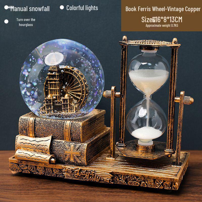 Retro Iron Tower Music Box with Luminous Crystal Ball Hourglass - Perfect for Desktop Ornament or Small Gift for Graduation, Qixi, or Valentine's Day.