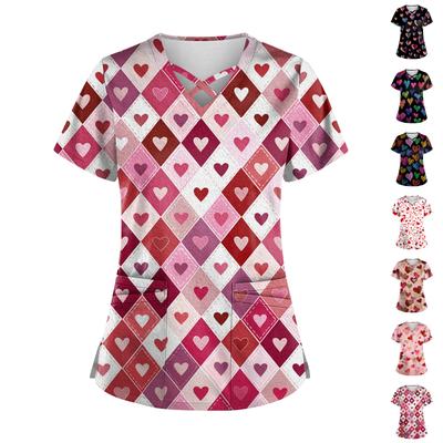 Women's Short Sleeve Stagger V Neck Print Pocket Dry- Top