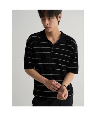 Tipping Stripe Collar Neck Short Sleeve Knit Black