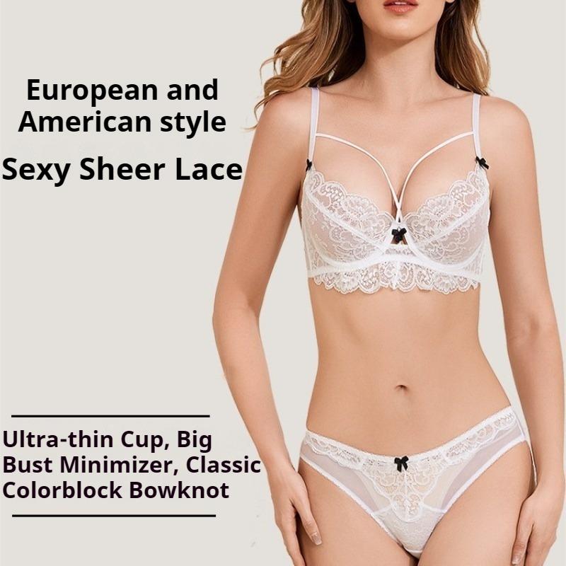 French Women's Sexy Bra Lace Bow Contrast Color Beautiful Breasts Big Breasts Small Thin Underwear Set