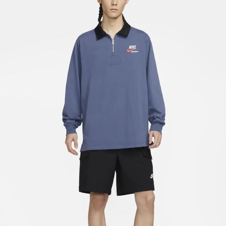 Nike Sportswear Trend Logo Embroidered Half-Zip Polo Long Sleeve T-Shirt Men Tops Phantom-Blue DX6754-491
