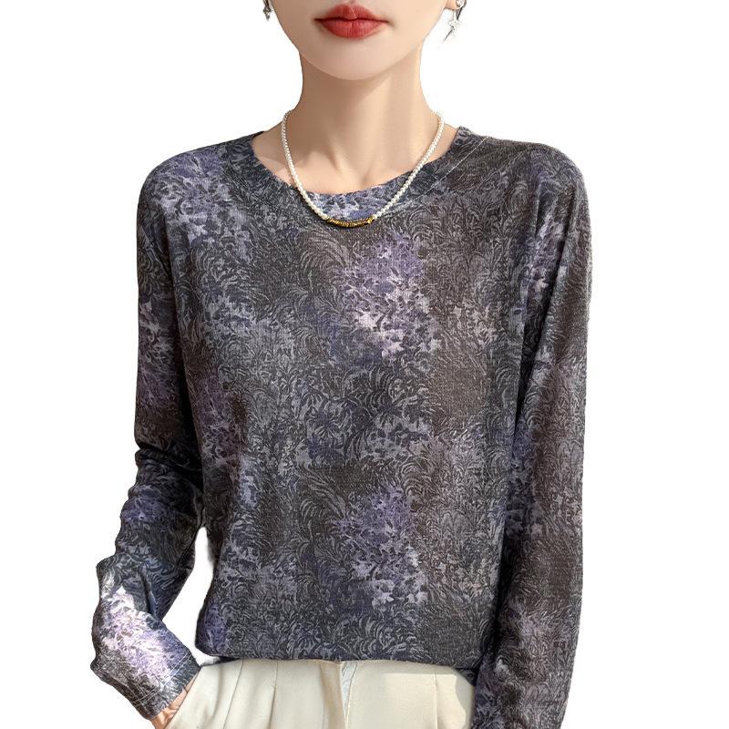 Jarní a letní nový styl Kulatý výstřih Pletený svetr Dlouhý rukáv Dámský Design-Potisk Volný Základní vrstva Top Lehký