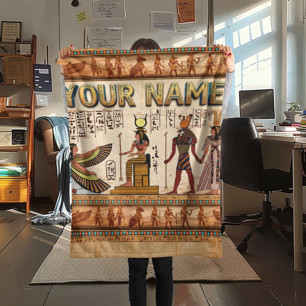 1PC Custom Name Golden Egyptian Pharaoh Patterned Flannel Blanket Suitable For All Seasons for Home Decor Warmth and Comfort Gifts Holiday Present_lx