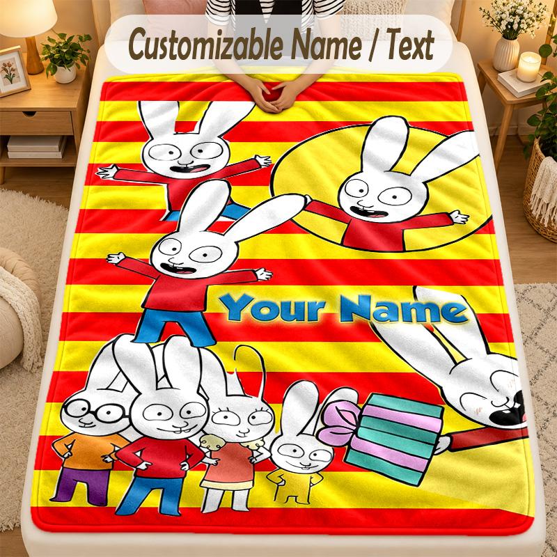 Flannel BlanketSimon Super Rabbit Custom Name Text Personalized Soft Warm Throw Blanket Home Decor Gift