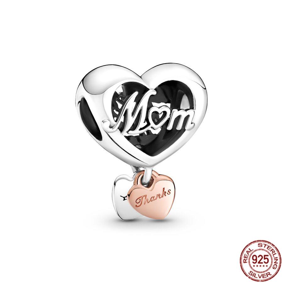 Fine S925 Sterling Silver Love You Mom Double Heart Split Dangle Charm Beads Fit Original  Bracelet DIY Women Jewelry Gift