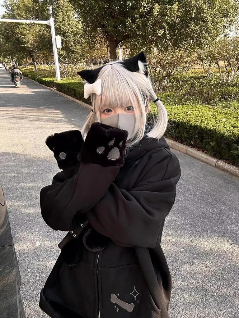 Hoodie with Cat Ears and Subculture Style Sickly Long Y2K with Check Cross [XHSUKADO] Zip-up Claws, Top, Women's Clothing, Cute, Sleeve, Spring,