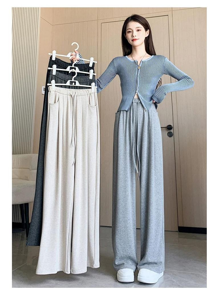 Petite High-Waisted Wide-Leg Glutinous Rice Pants - Women's Slimming Straight-Leg Spring/Autumn Floor-Length Pants