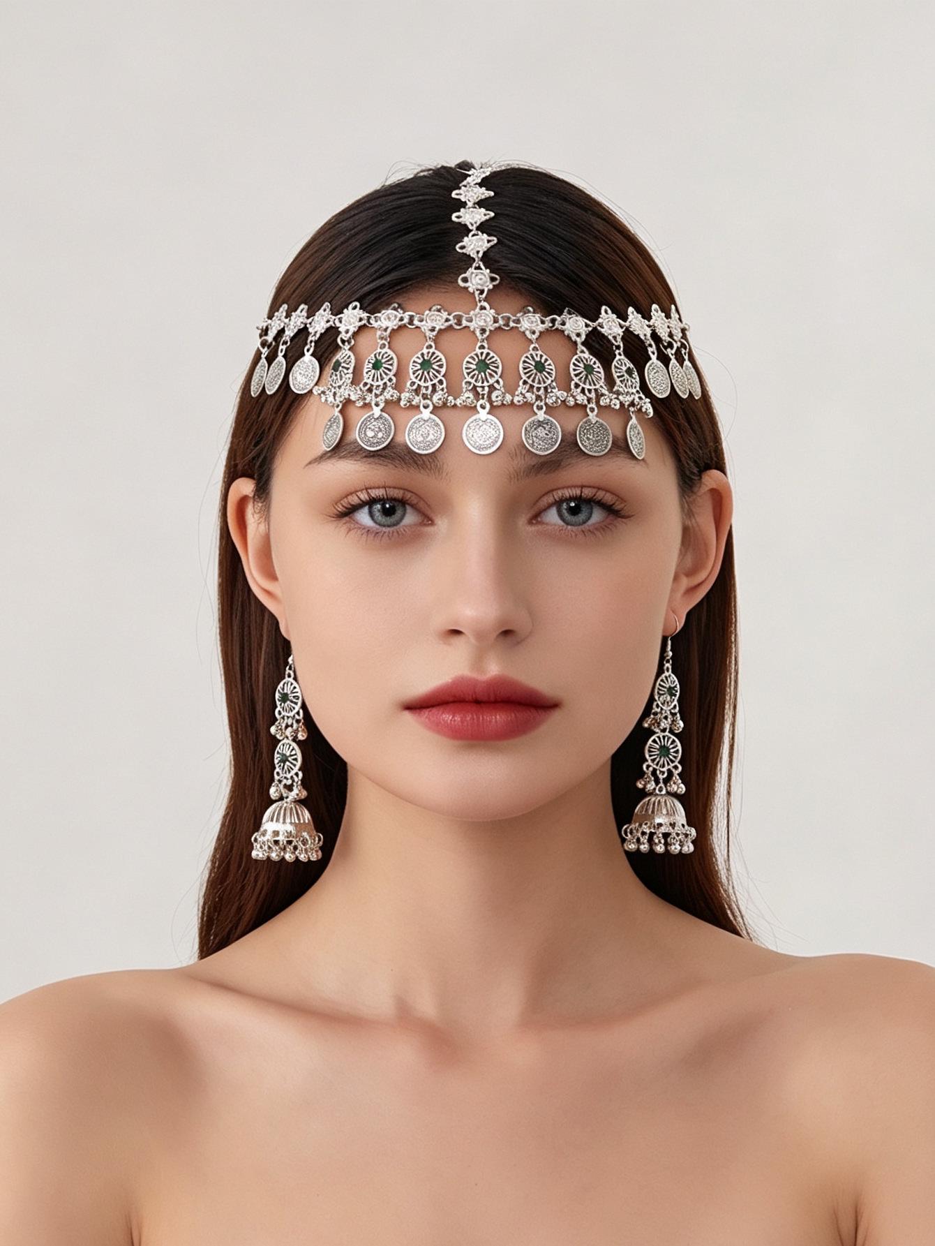Bohemian Tassel Headpiece & Earring Set with Exotic Coin Design