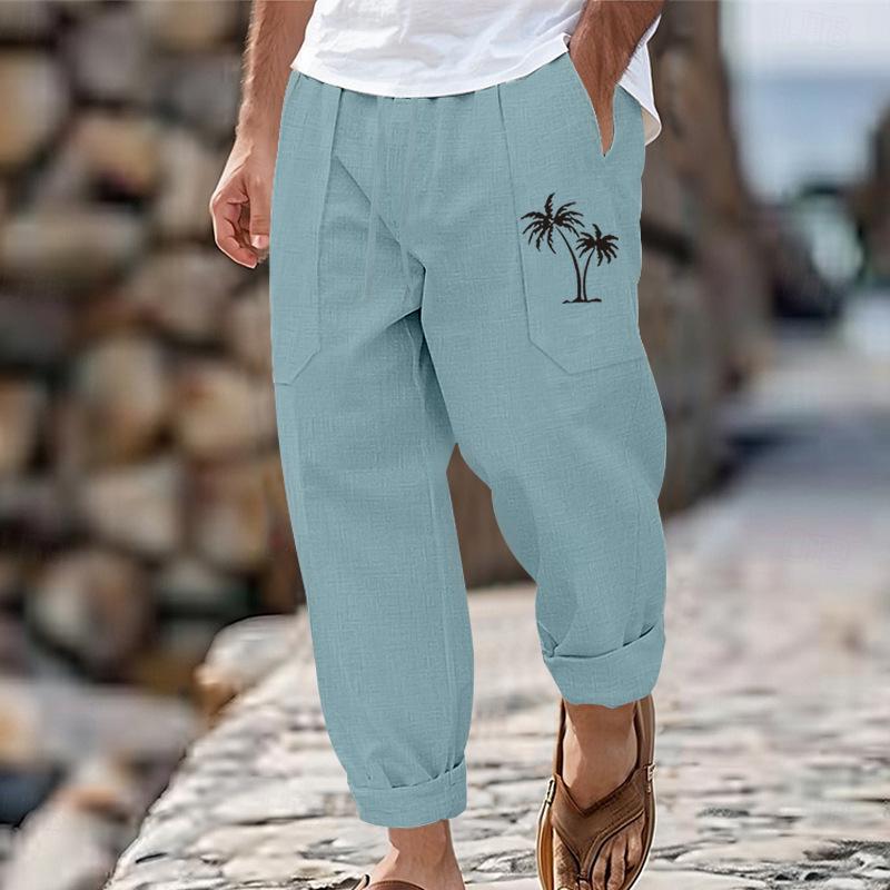 New fashion casual beach trousers men's coconut tree print cotton and linen loose trousers