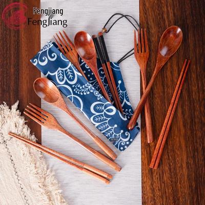 Wooden Cutlery Set: Spoon, Fork & Chopsticks with Travel Pouch