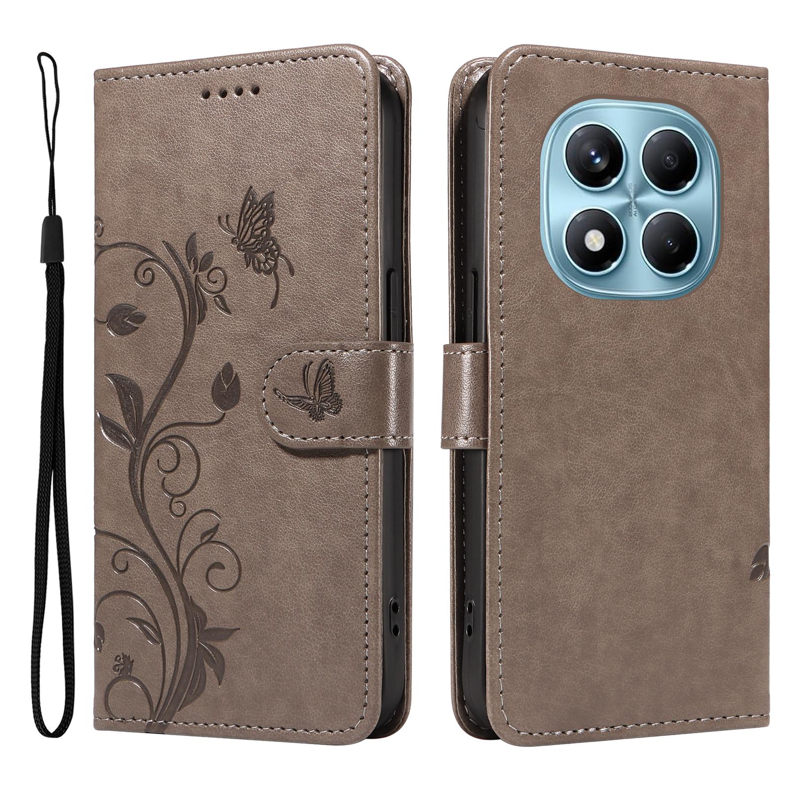 

For Xiaomi Redmi Note 14 Pro 4G PU Leather Cases Flower Pattern Wallet Stand Phone Cover with Strap Grey