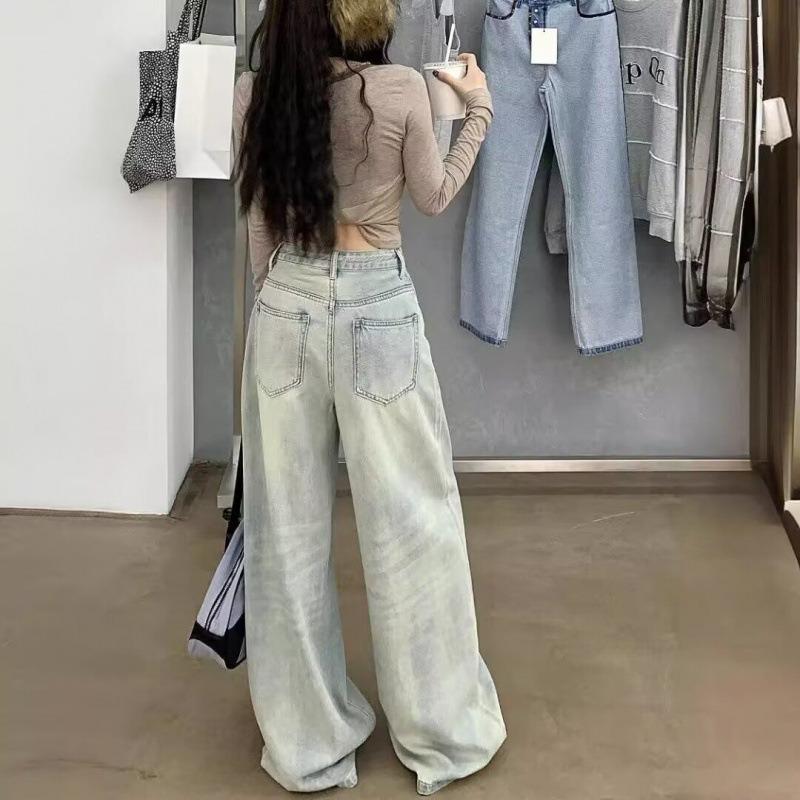 Retro high-waisted washed old jeans women's summer loose and thin floor pants straight-leg pants wide-leg pants long pants