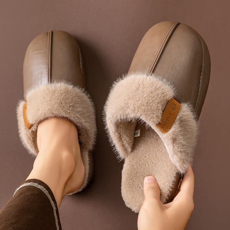 Waterproof cotton slippers autumn and winter 2025 new home warm thick bottom PU leather surface antibacterial cotton slippers