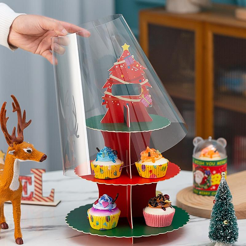 Christmas Paper Cupcake Packaging Box, Multi-layer Transparent Thickened Happiness Tower Packaging Box, Dessert Table