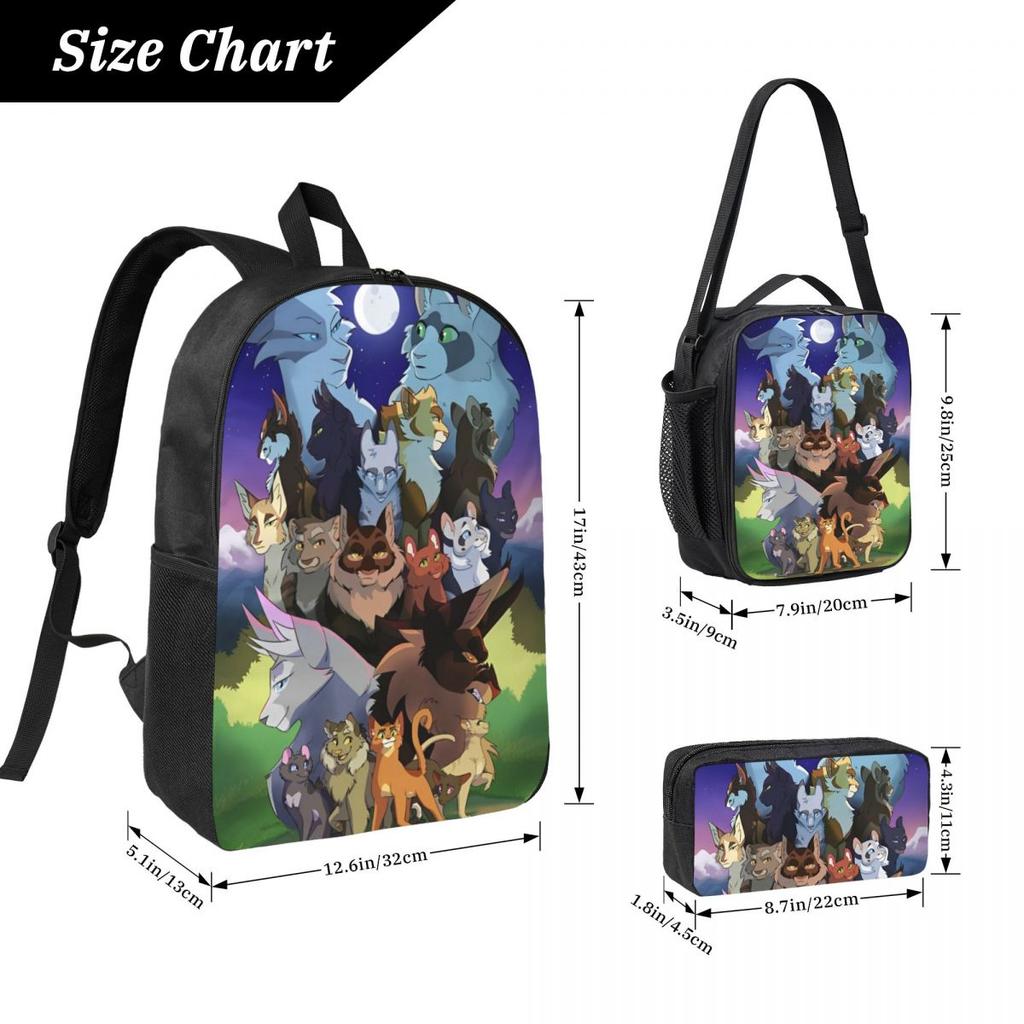 Warrior Cats Kids Backpack Lunch Box Pencil Boxes for Boys Girls Kindergarten Backpacks Schoolbag Bookbag Set