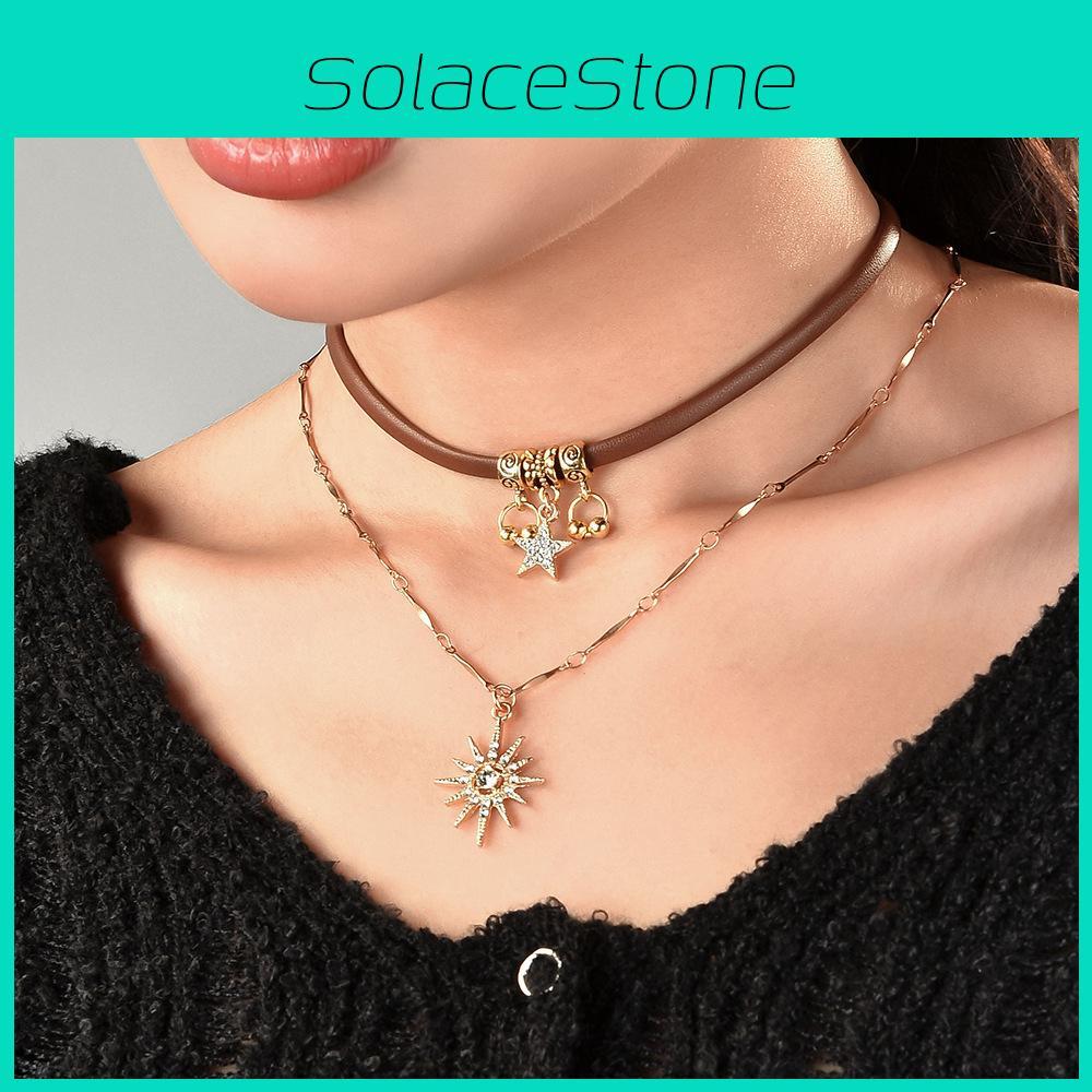 Stylish Two-layer Choker Necklace Set For Women With Rhinestone Stars And Flowers