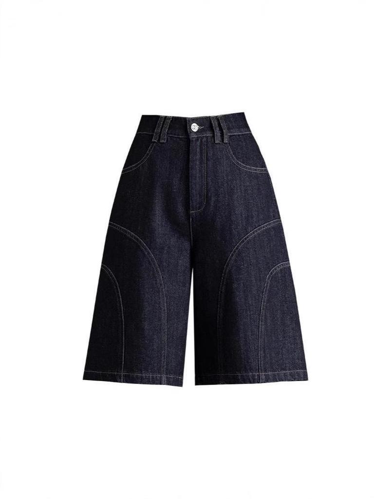 Women's Black Denim Mid-Calf Shorts - Summer 2025 Collection, Lightweight, Loose Fit, Five-Point Wide Leg Style