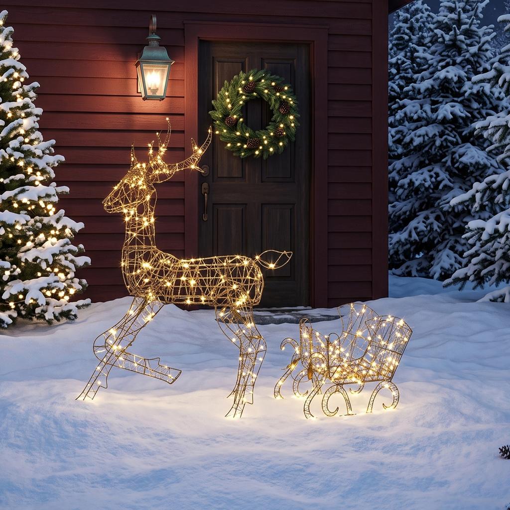 Illuminated Reindeer and Sleigh Set, 2-Piece Outdoor Christmas Decoration Made of Poly Rattan, with LEDs, 8 Modes, Timer