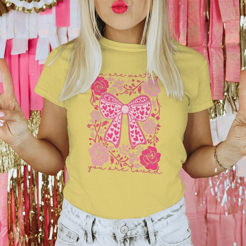 Valentines Day Heart Coquette Bow T Shirts for Women Retro Valentine Short Sleeve Tee Shirt Retro Flower Valentines Casual Tops