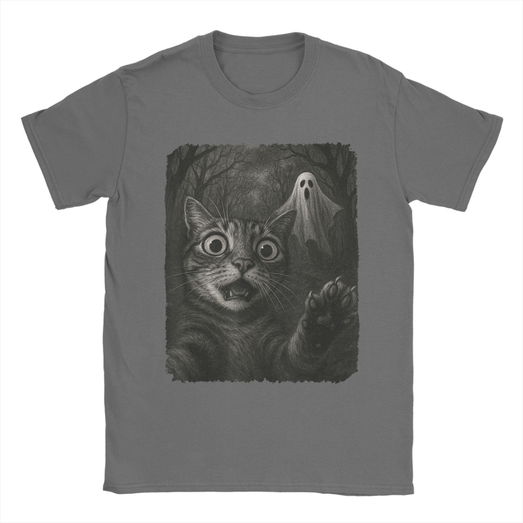 

Men T-Shirt Cat Selfie with Spooky Ghost Funny 100% Cotton Tee Short Sleeve Funny Halloween T Shirts Round Neck Clothes Graphic 4XL