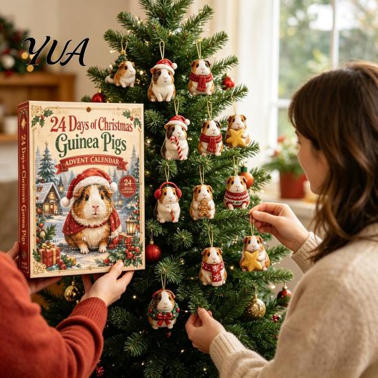 Holiday Home Decor Guinea Pig Advent Calendar, 24-Day Acrylic 2D Ornament Set with Cute Animal Figurine Christmas Outfits, Tree Hanging Decor,